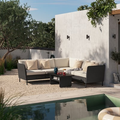 VITTSKÄR Sofá de esquina modular de 4 plazas, exterior ratán de plástico en gris oscuro/Frösön/Duvholmen beige