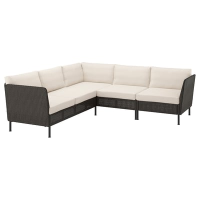 VITTSKÄR Sofá esquinero modular de 4 plazas, exterior ratán de plástico en gris oscuro/Frösön/Duvholmen beige