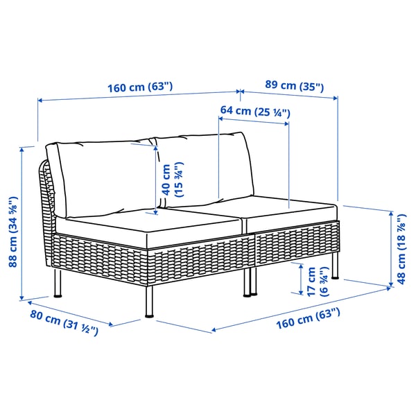 VITTSKÄR Sofá modular, 2 plazas, exterior ratán de plástico en gris oscuro/Frösön/Duvholmen beige