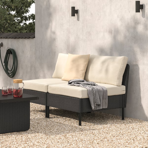 VITTSKÄR Sofá modular, 2 plazas, exterior ratán de plástico en gris oscuro/Frösön/Duvholmen beige