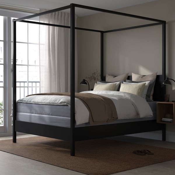 YTTERVÅG Armazón de cama con dosel, negro/Lyngör gris oscuro, Tamaño King