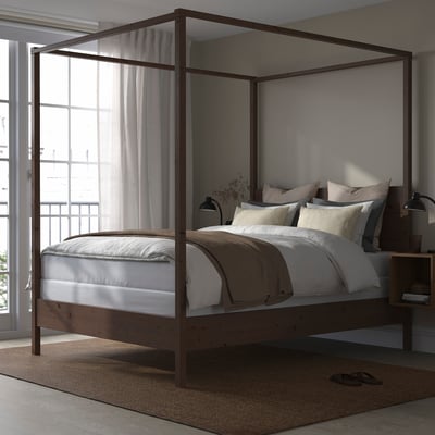 YTTERVÅG Base de cama con dosel, marrón grisáceo/Lyngör blanco, Tamaño queen