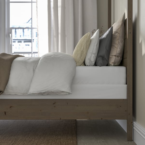 YTTERVÅG Base de cama con dosel, marrón grisáceo/Lyngör blanco, Tamaño queen