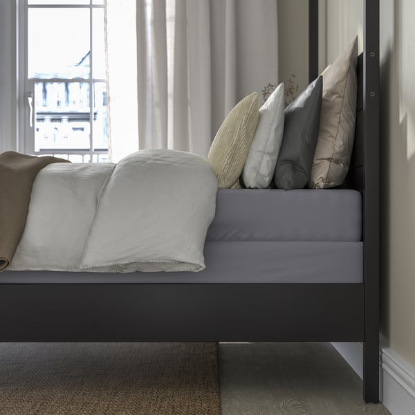 YTTERVÅG Base de cama con dosel, negro/Lyngör gris oscuro, Tamaño queen